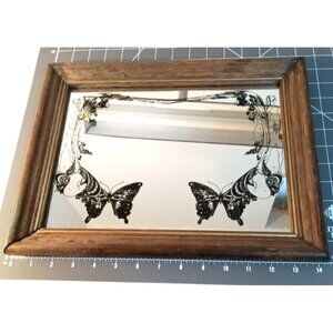 Vintage Butterfly Etched Glass Mirror With Wooden Frame